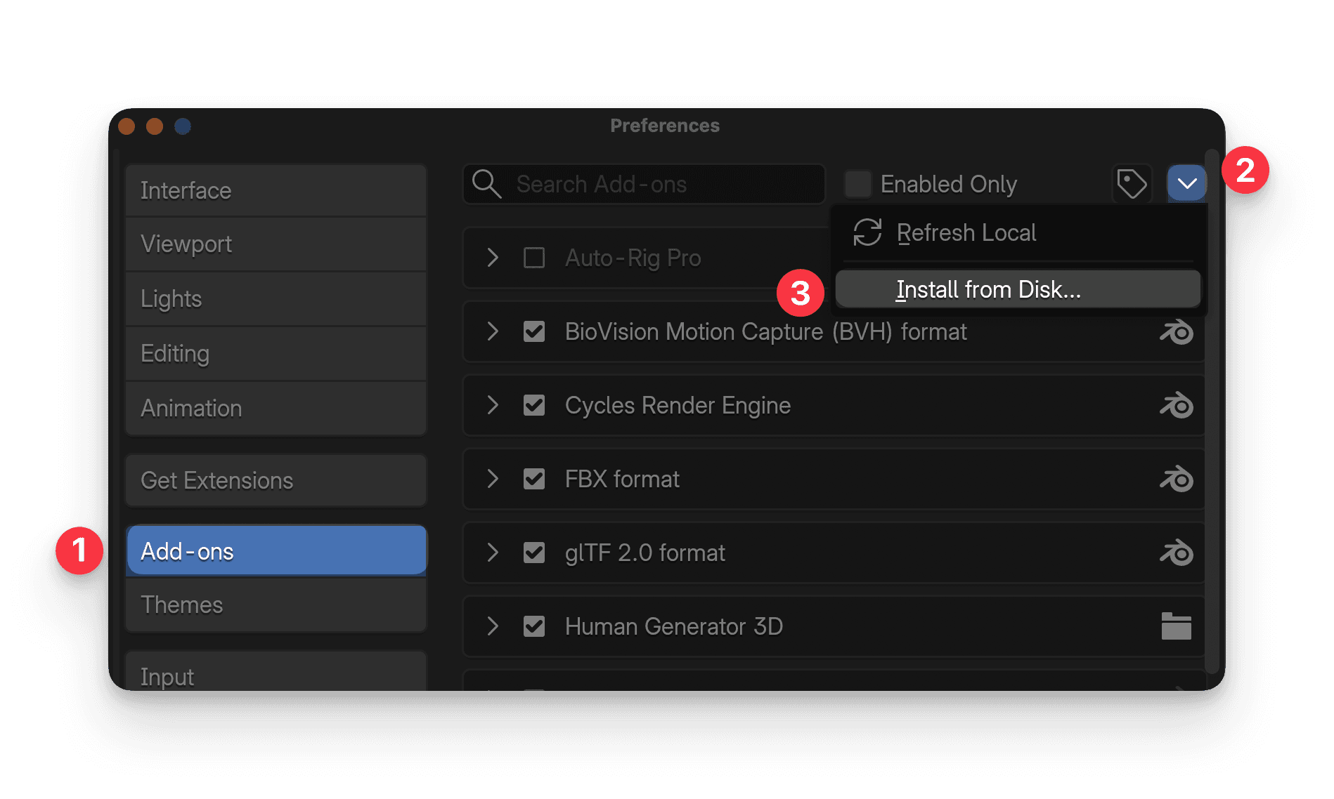 Screenshot from Blender preferences showing where the install button is