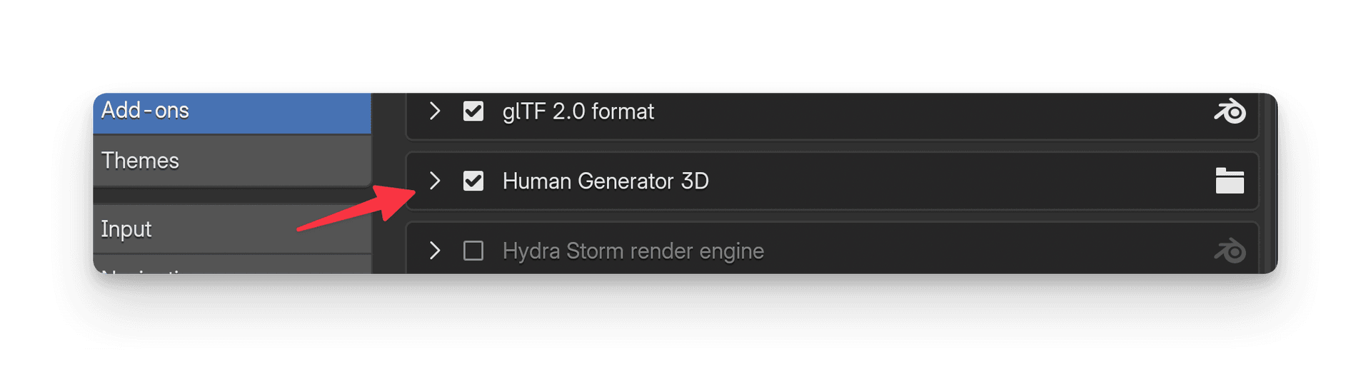 Screenshot from Blender preferences showing where to unfold Human Generator preferences