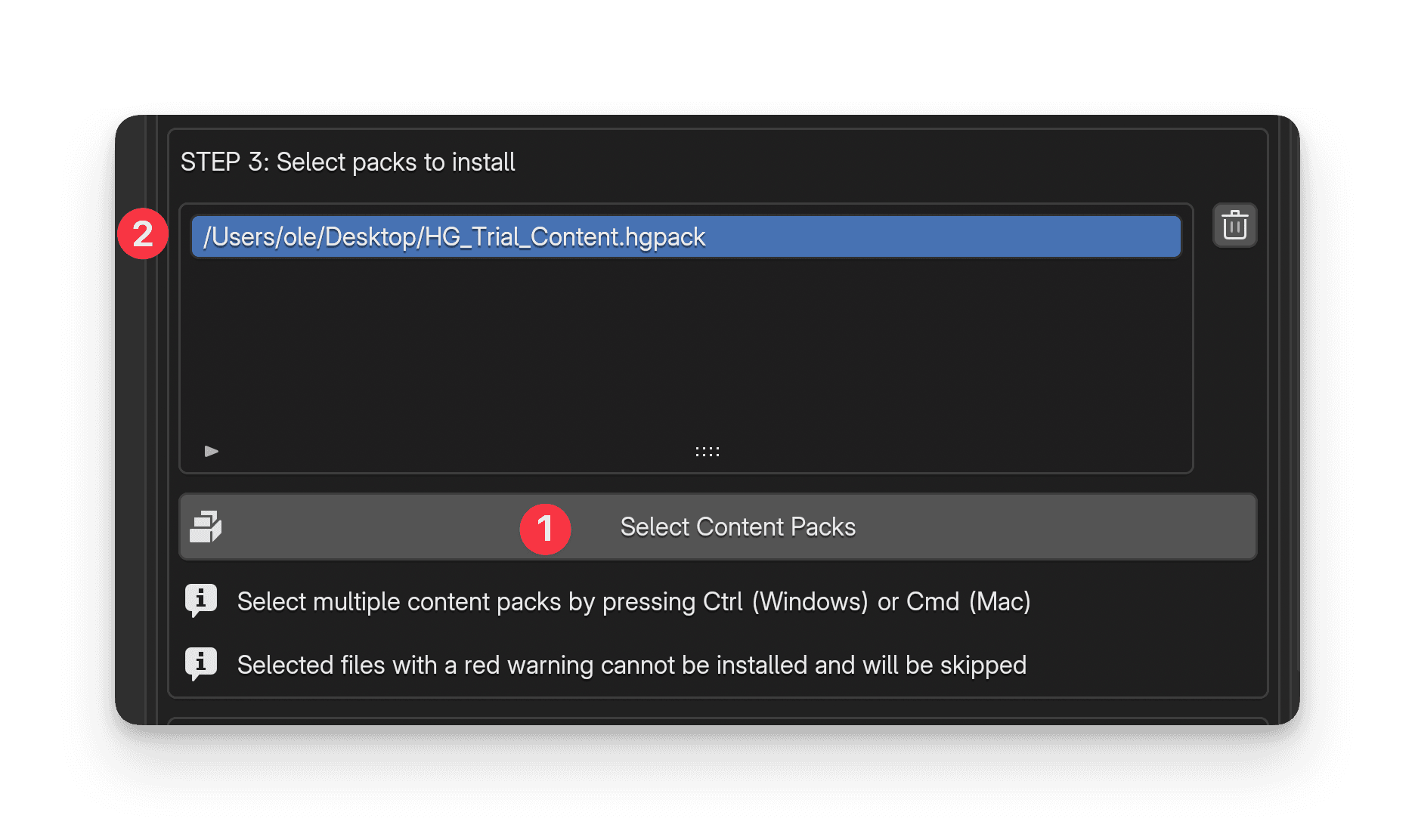 Screenshot showing to select the content pack