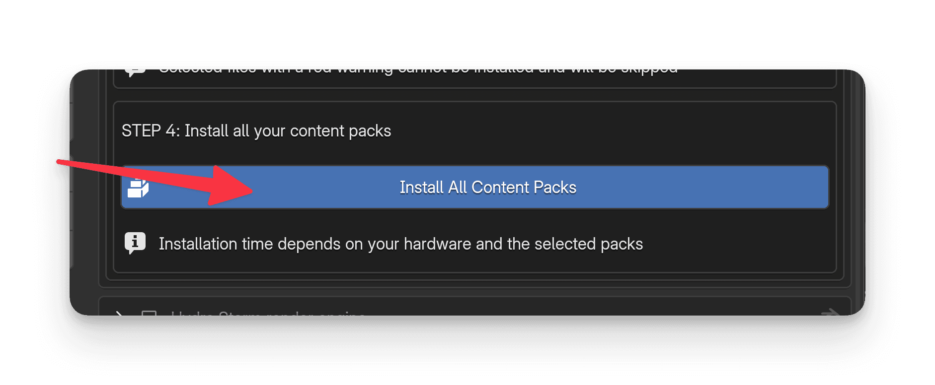 Screenshot showing to press 'Install all content packs'